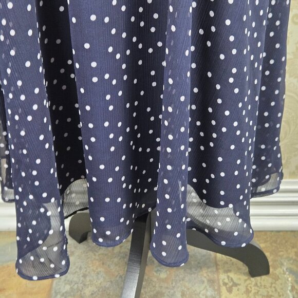 DKNY Size 4 Navy Blue Midi Dress White Polka Dots Vneck Sheer Ruched Sleeves - Picture 6 of 15